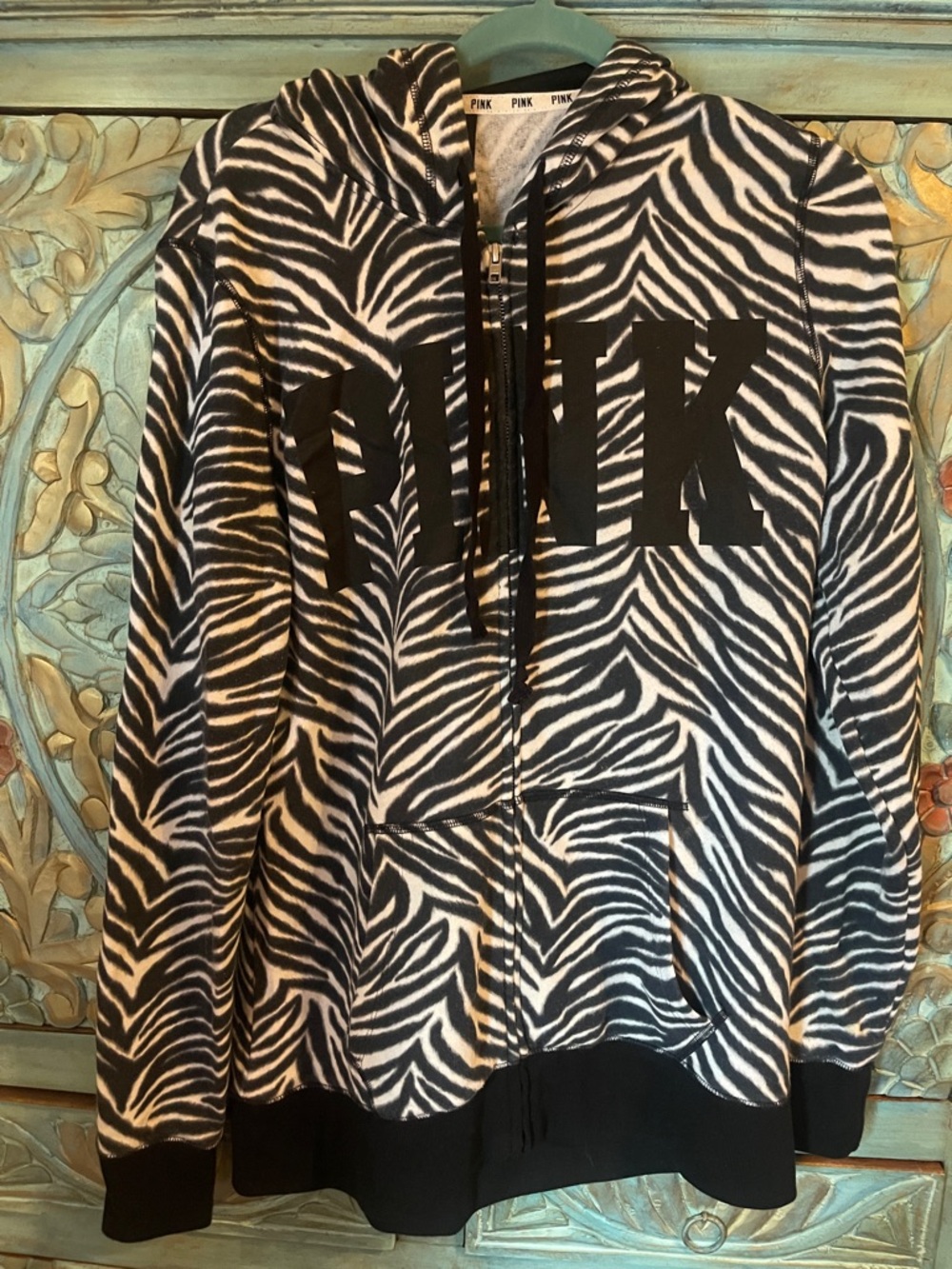 PINK Victoria's Secret Black and White Zebra Print Zip Hoodie